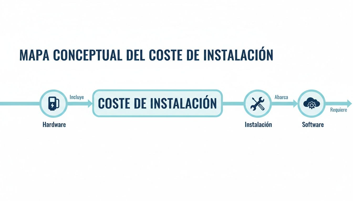 Mapa conceptual ilustrando el coste de instalación, incluyendo hardware, proceso de instalación y software.