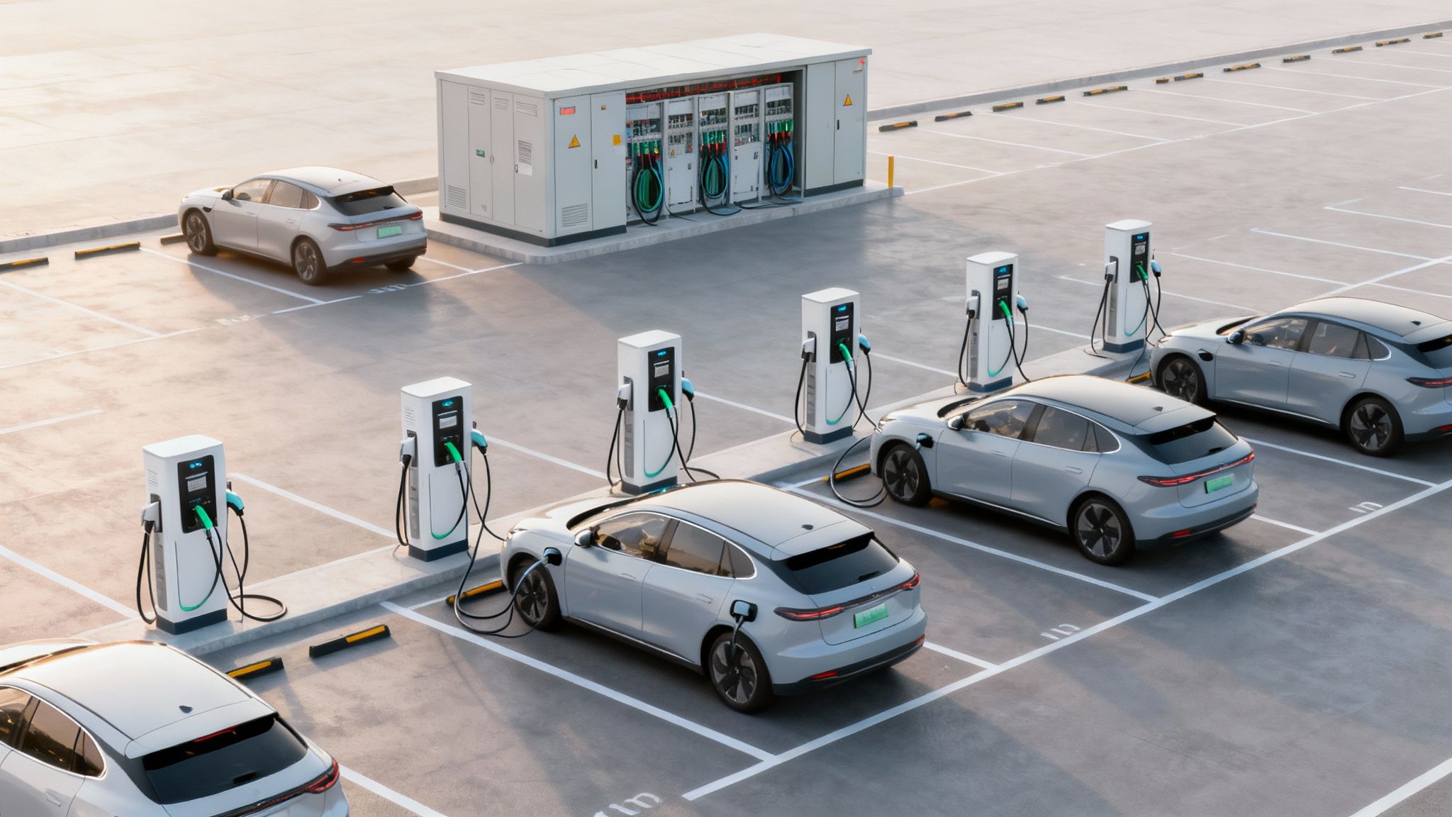 Estación de carga para coches eléctricos modernos en un estacionamiento al aire libre con múltiples vehículos conectados.