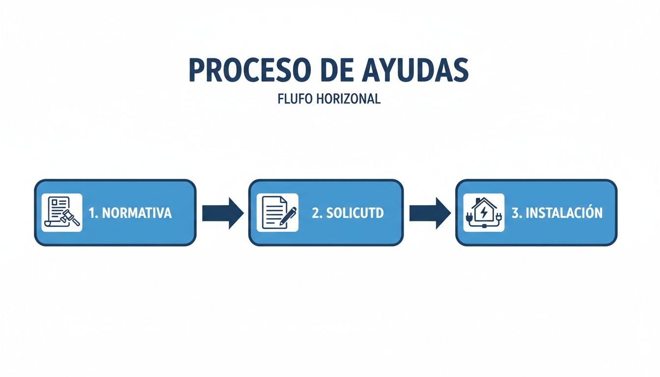 Diagrama de flujo horizontal que ilustra el proceso de ayudas: normativa, solicitud e instalación eléctrica.