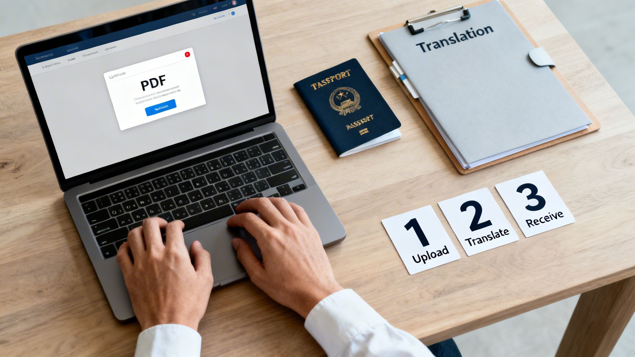 Person using laptop to upload a PDF for online document translation, with passport and process steps.