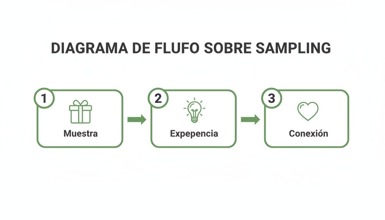Diagrama de flujo sobre sampling que ilustra tres pasos: muestra (regalo), expepencia (idea) y conexión (corazón).