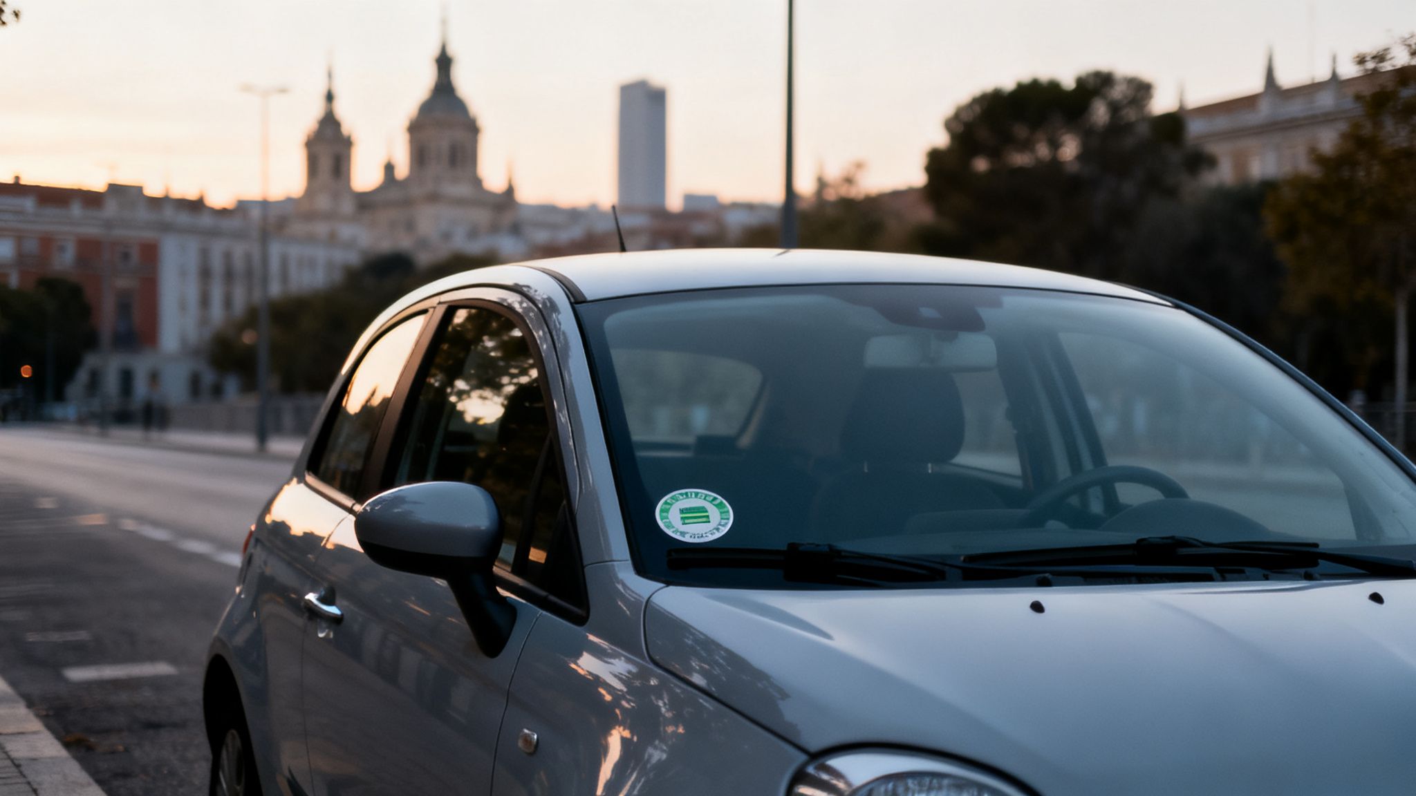 Un coche plateado estacionado en una calle al atarser, con edificios al fondo y una etiqueta medioambiental en el parabrisas.