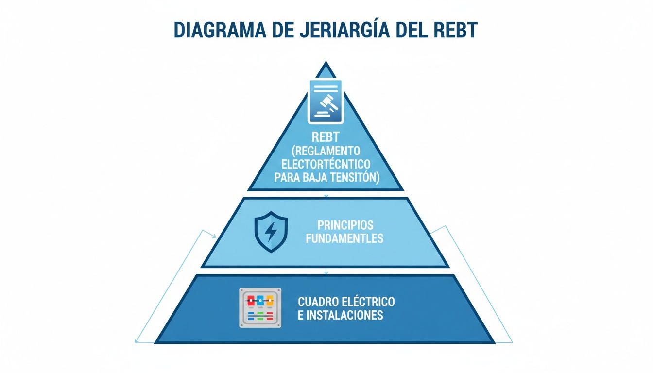 Diagrama jerárquico del REBT mostrando sus niveles: la normativa, principios fundamentales y las instalaciones eléctricas.