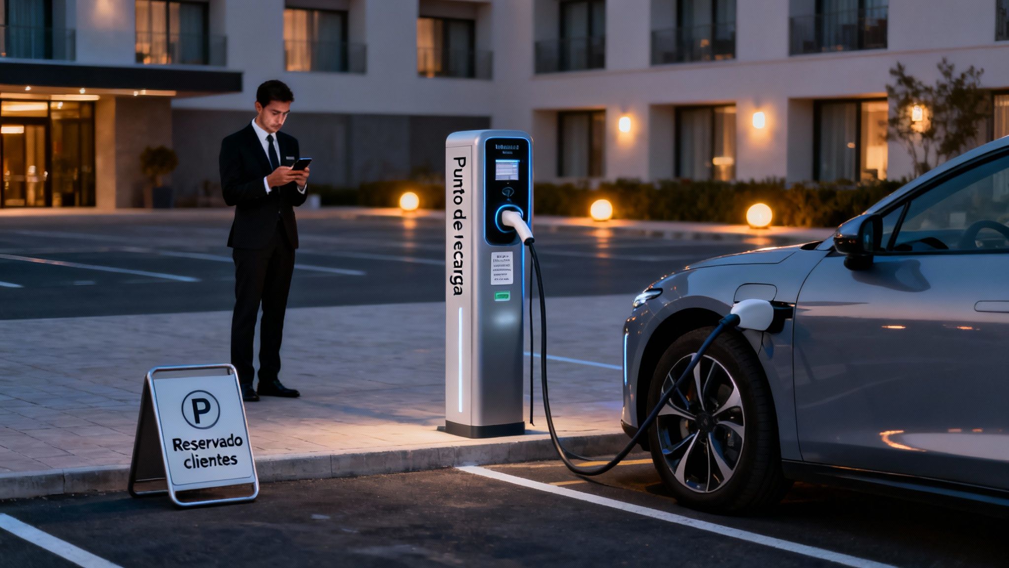 Hombre revisa su teléfono mientras su coche eléctrico se carga en una estación de recarga.