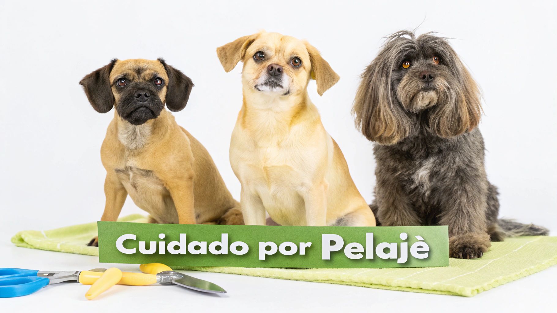 Tres perros de diferentes razas y colores sentados, con herramientas de aseo y un cartel de "Cuidado por Pelajè".