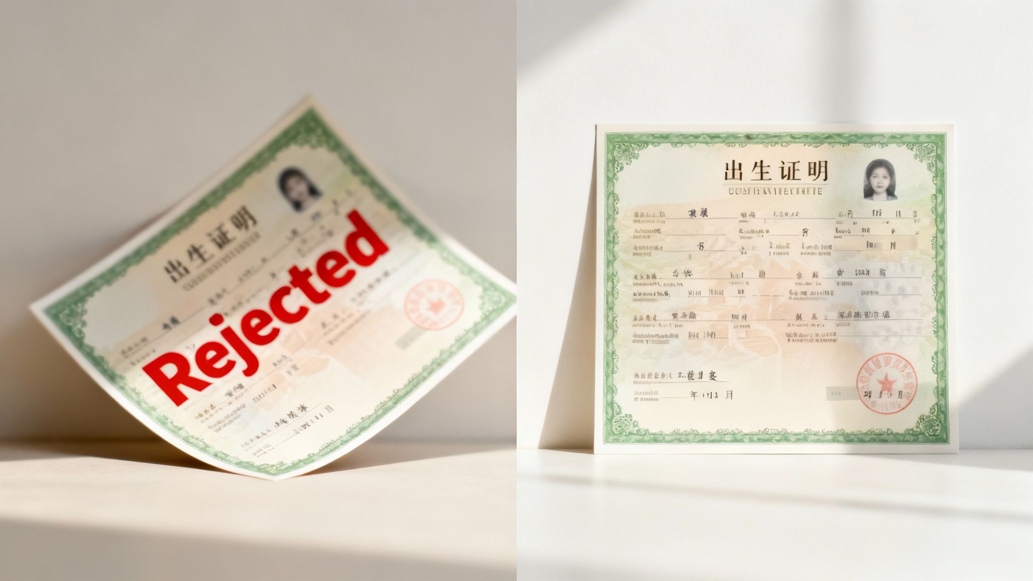 Two Chinese birth certificates, one rejected and one clean, demonstrating document status.