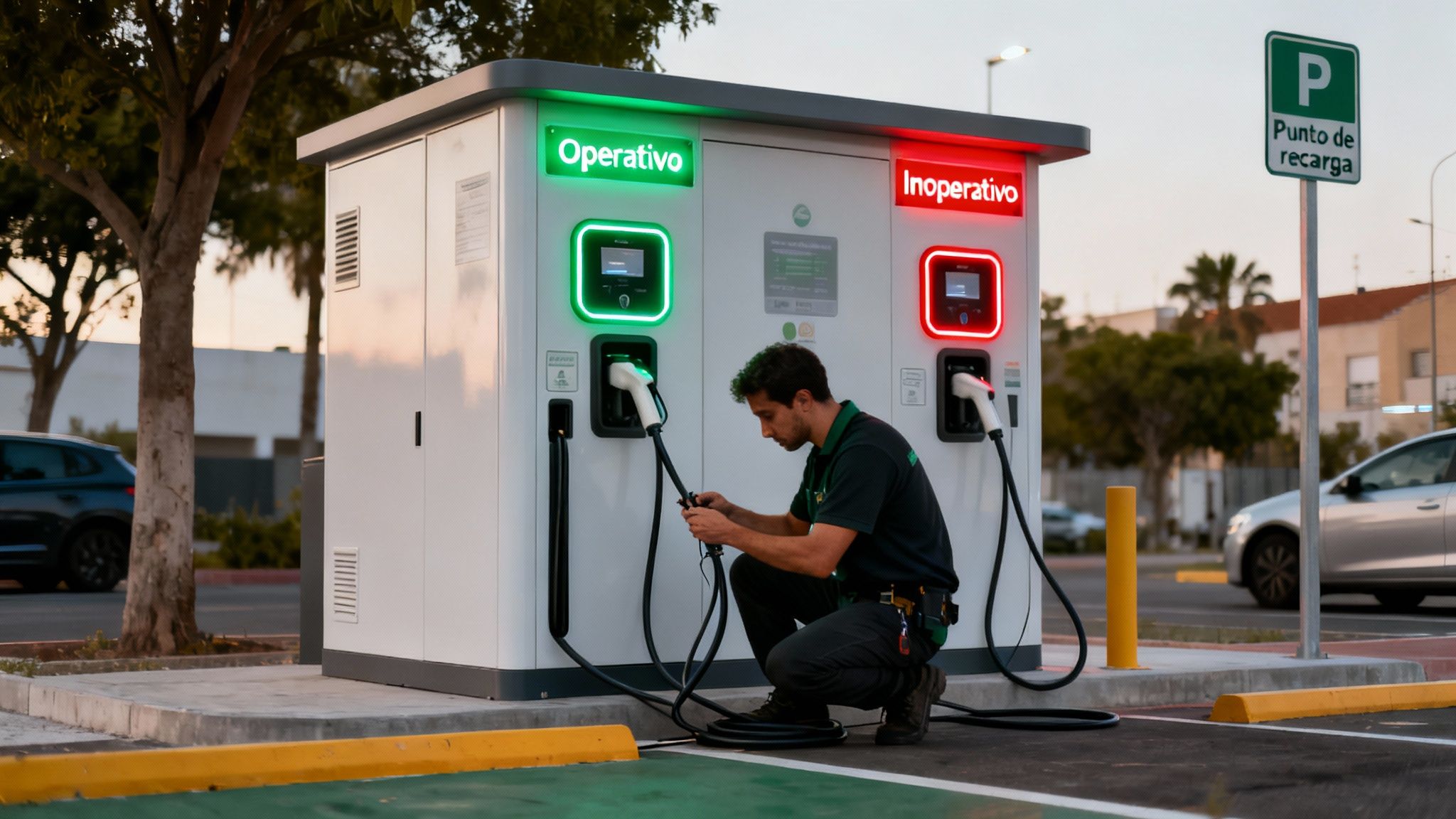 Técnico de servicio revisando un cargador de coche eléctrico con señales de estado 'Operativo' e 'Inoperativo'.