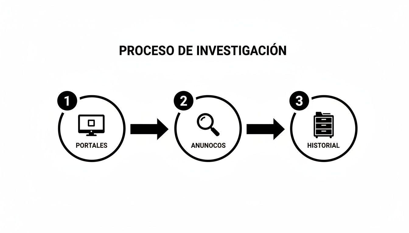 Diagrama de flujo del proceso de investigación, mostrando tres pasos: portales, anuncios y historial.