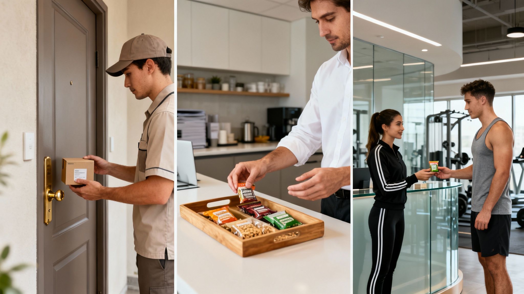 Un repartidor entrega un paquete, un hombre selecciona aperitivos, y una mujer ofrece una barrita en un gimnasio.