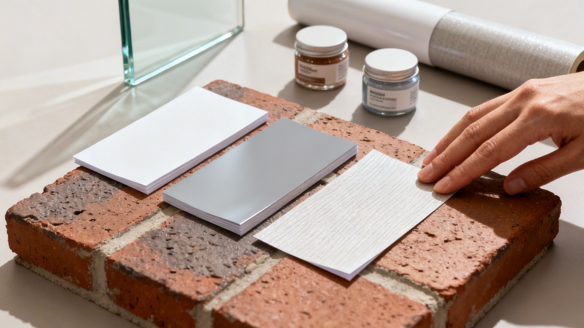 Una mano toca una muestra de material texturizado junto a otras muestras de diseño y construcción sobre ladrillos.