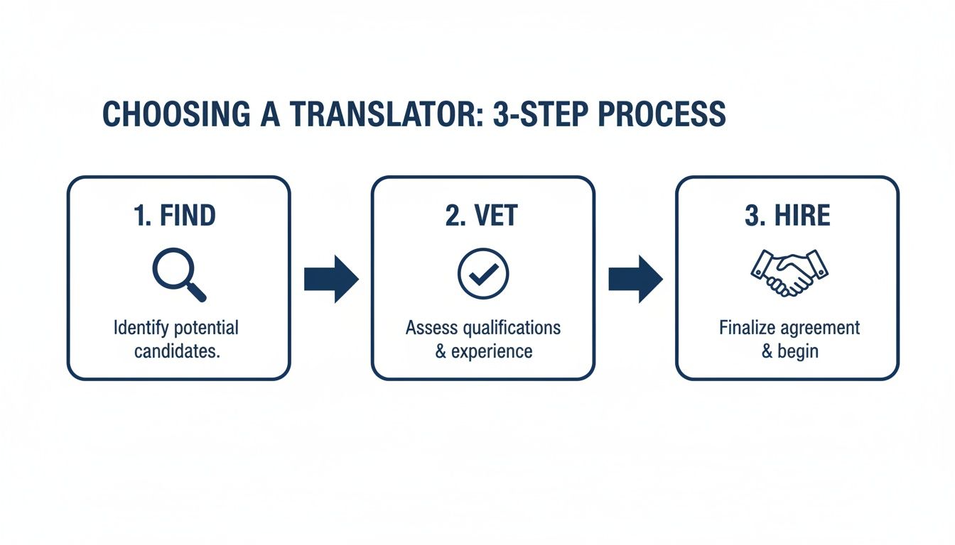 Flowchart detailing a 3-step process for choosing a translator: find, vet, and hire.