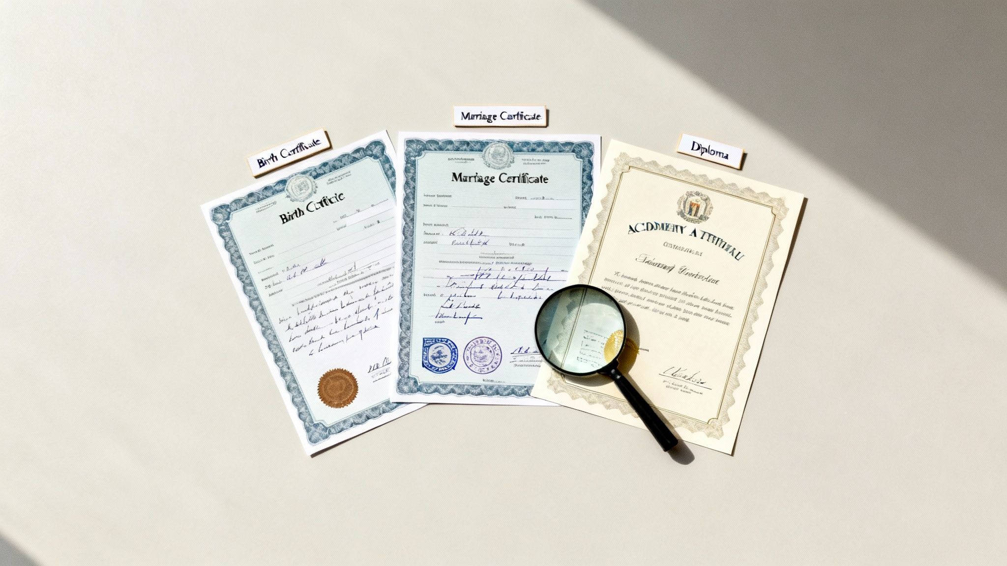 Three official documents: a birth certificate, marriage certificate, and diploma, with a magnifying glass.