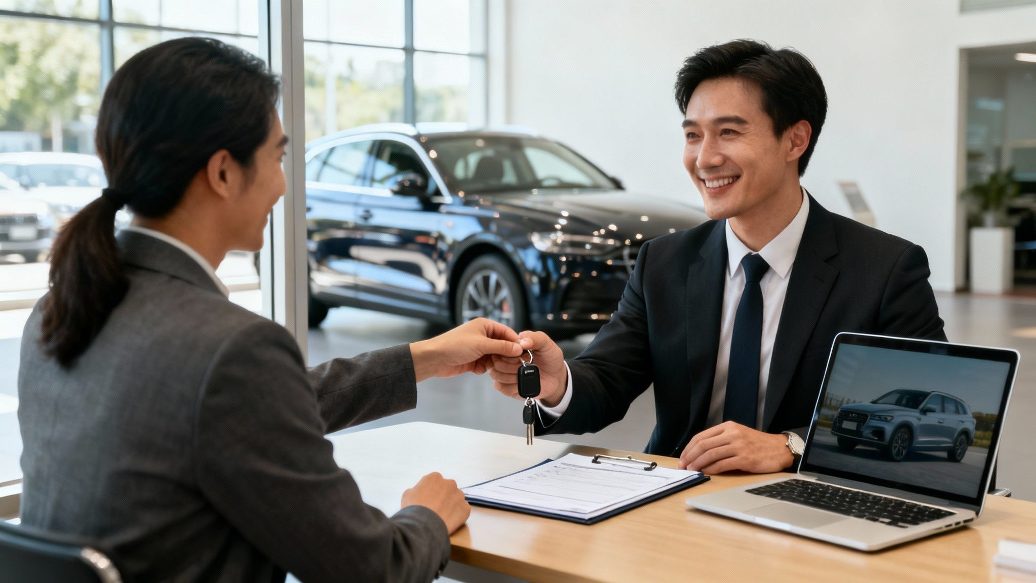 Hombre sonriente con traje entrega las llaves de un coche a un cliente en un concesionario moderno.