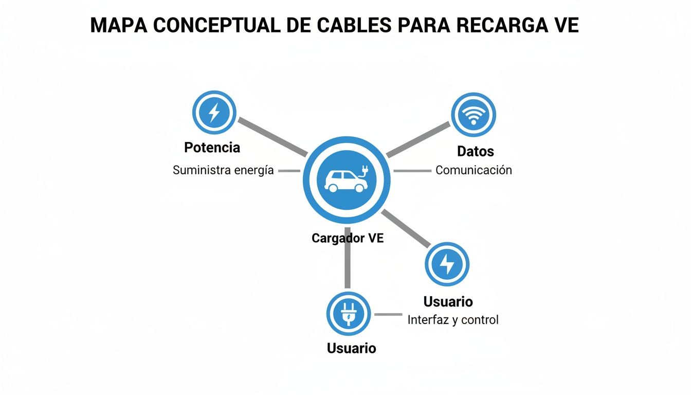 Mapa conceptual de cables para recarga de vehículos eléctricos, mostrando conexiones de potencia, datos y usuario.