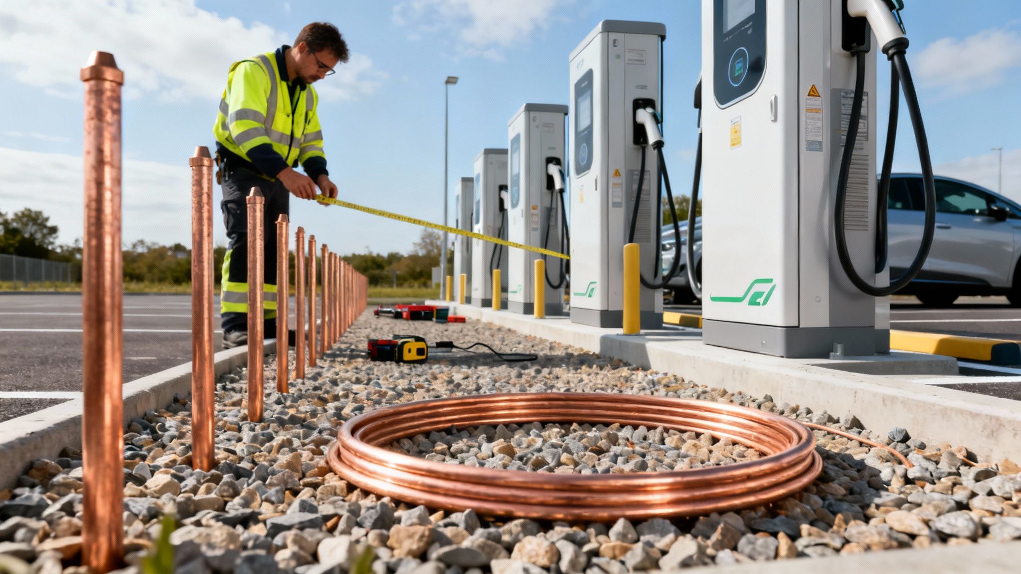 Hombre mide varillas de cobre para la puesta a tierra de estaciones de carga de vehículos eléctricos.