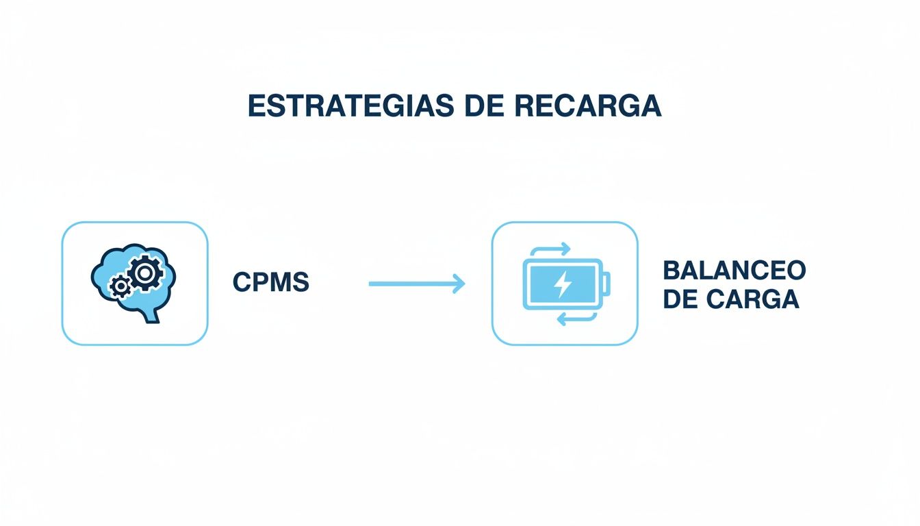 Diagrama de estrategias de recarga: CPMS optimiza el balanceo de carga, ilustrado con cerebro y batería.