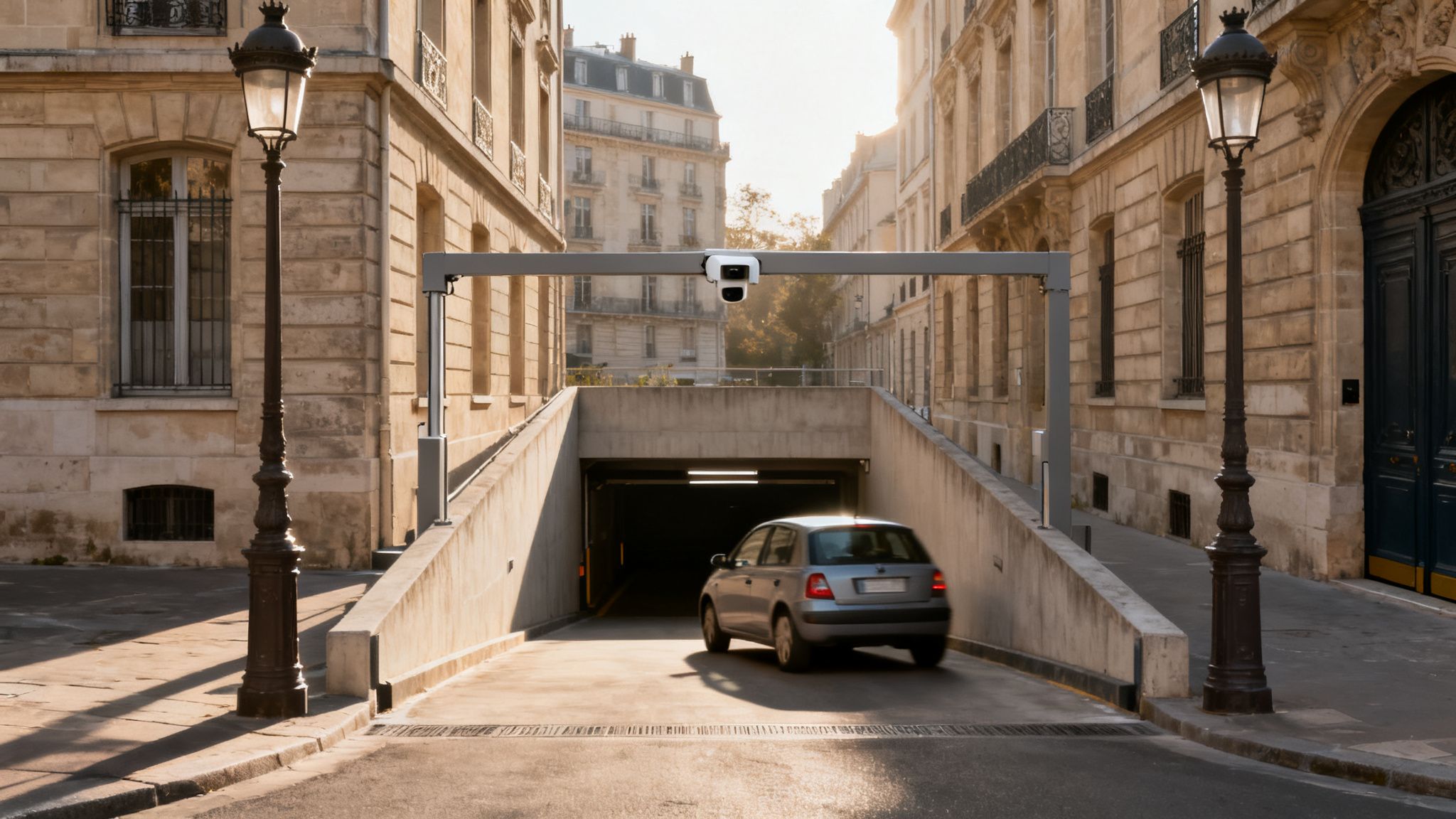 Coche gris entrando en un aparcamiento subterráneo en una calle de la ciudad con edificios y farolas.
