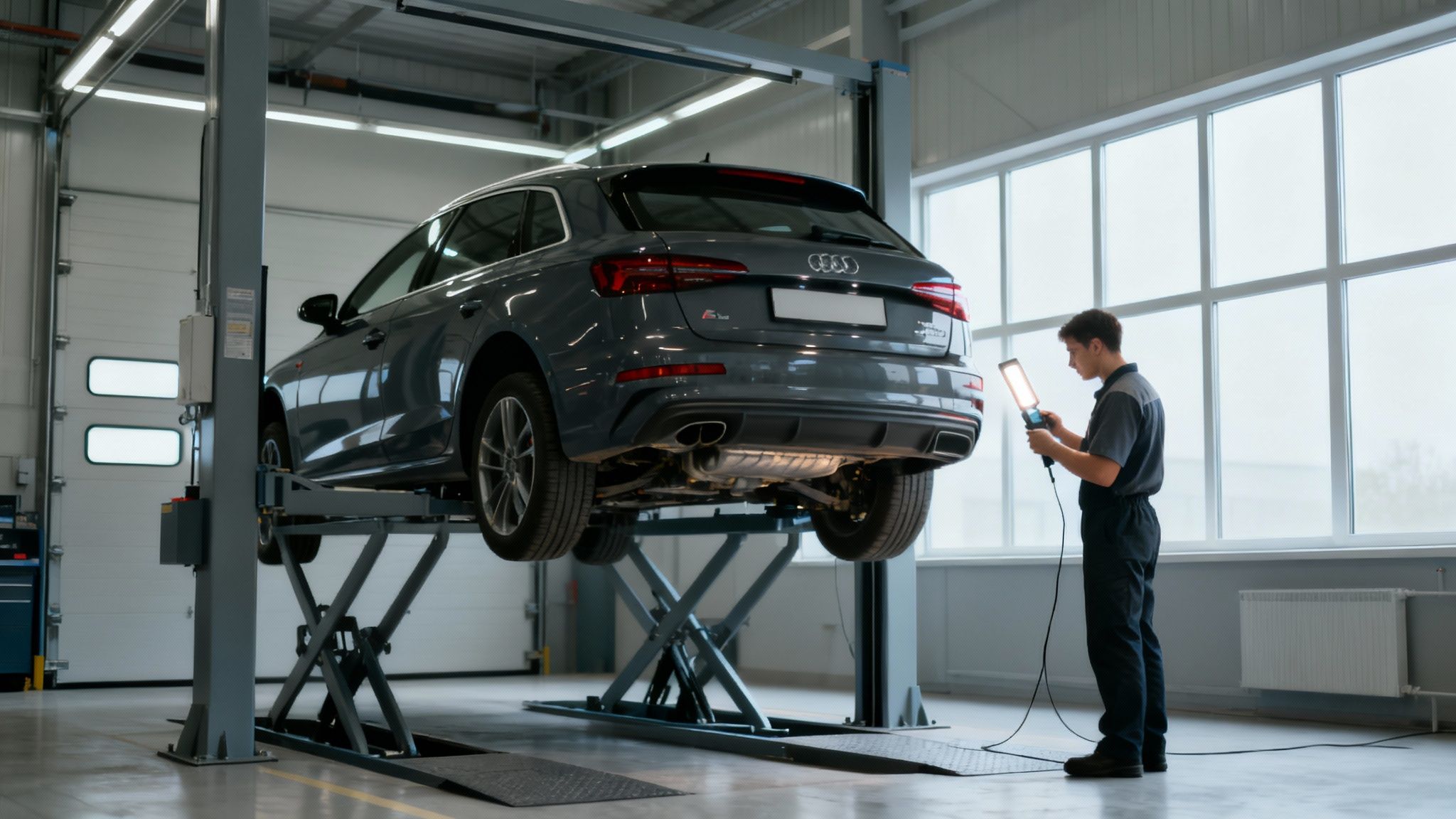Un mecánico inspecciona un coche gris elevado en un taller de servicio de automóviles.
