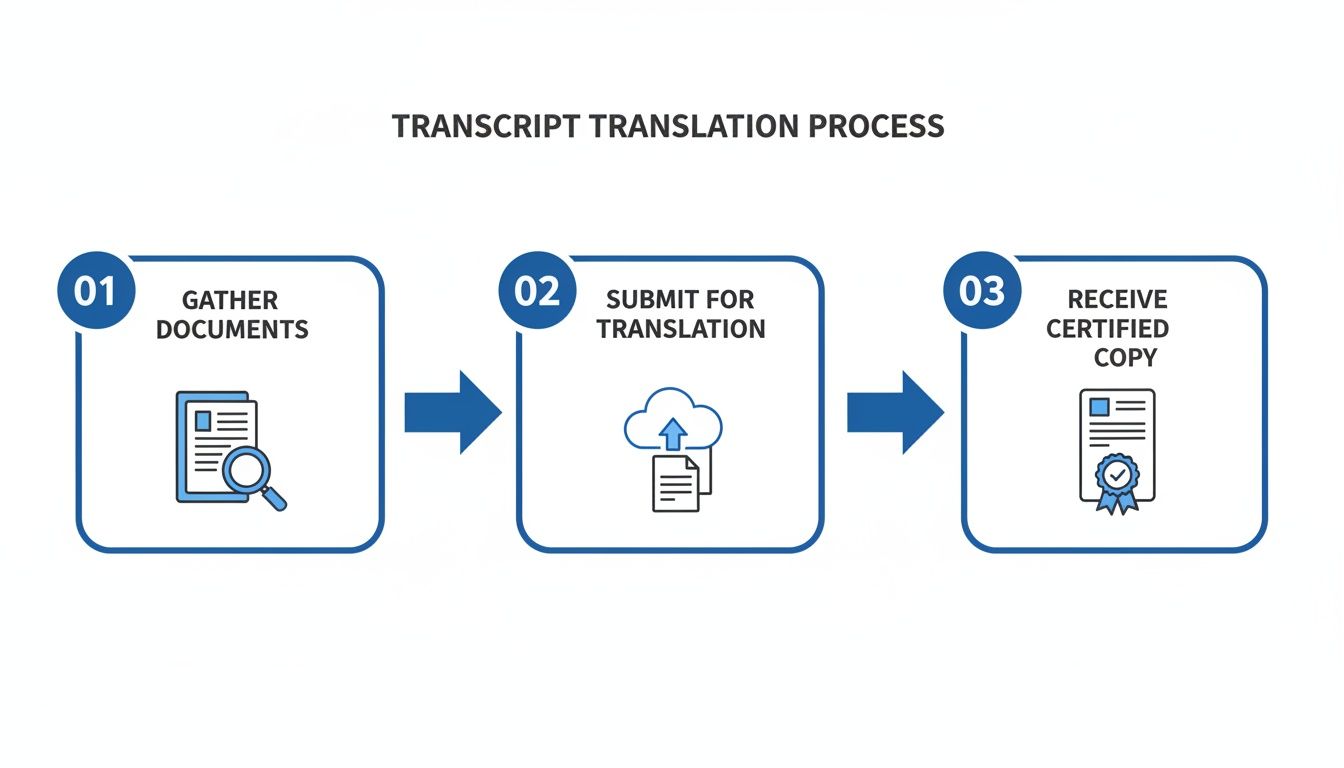 Diagram showing the three-step process for transcript translation: gather, submit, and receive.
