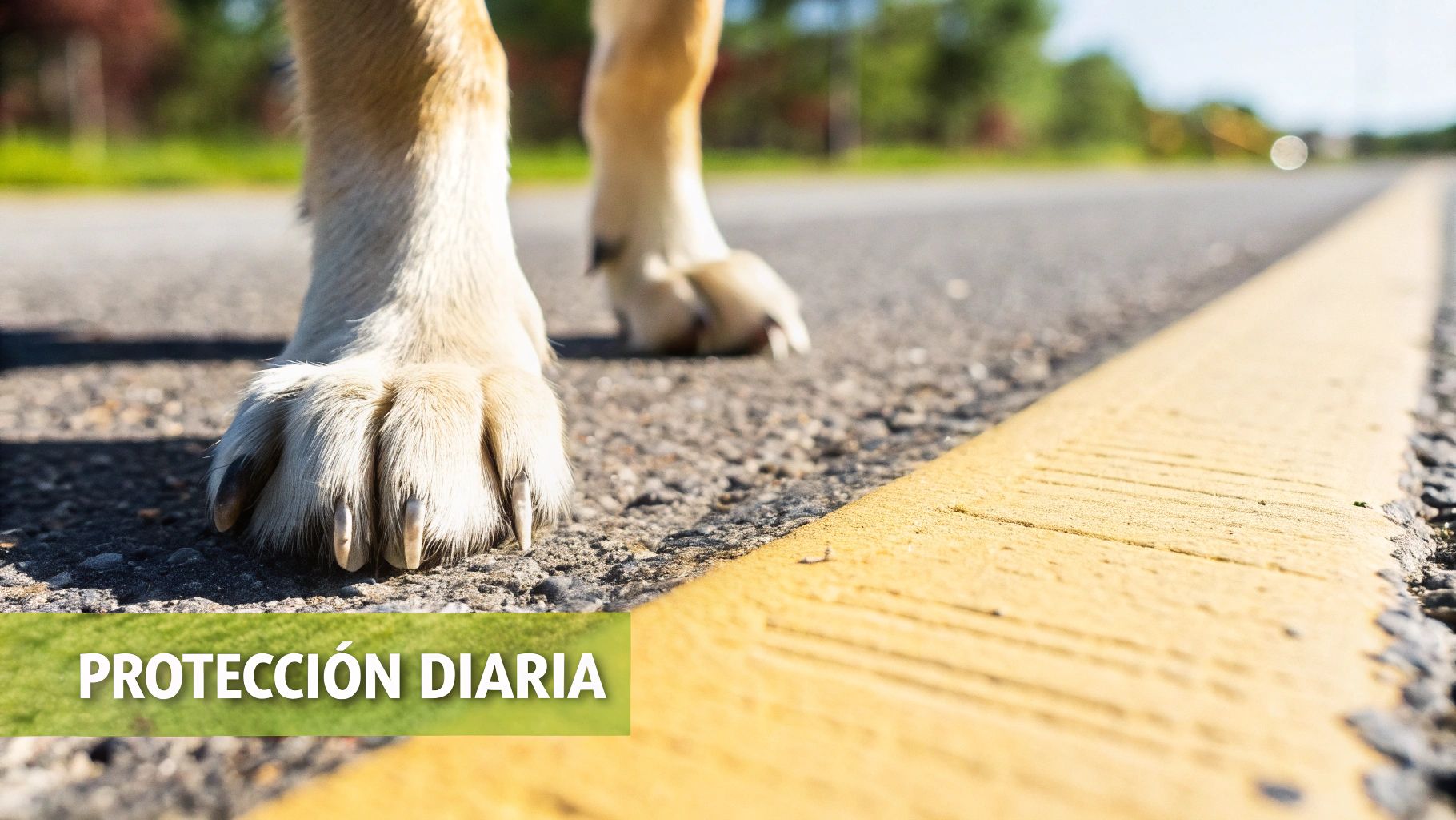 Primer plano de la pata de un perro en el asfalto junto a una línea amarilla, con el texto 'PROTECCIÓN DIARIA'.
