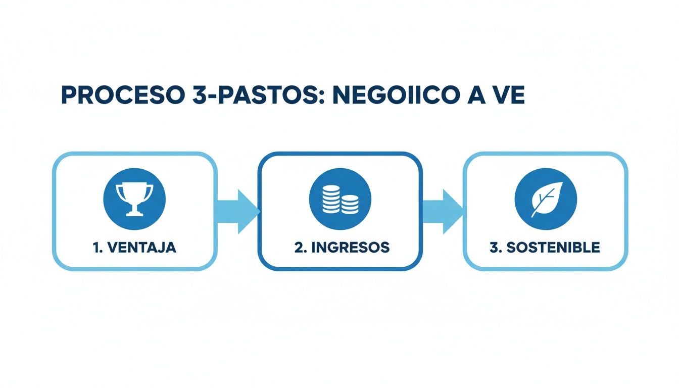 Diagrama de flujo de tres pasos que ilustra ventaja, ingresos y sostenibilidad con iconos relevantes.