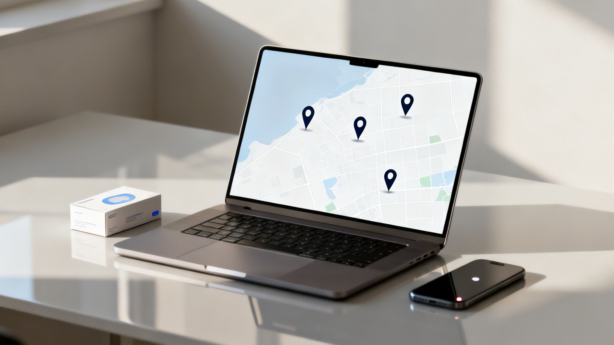 Un portátil en un escritorio blanco muestra un mapa con pines de ubicación, junto a una caja y un smartphone.