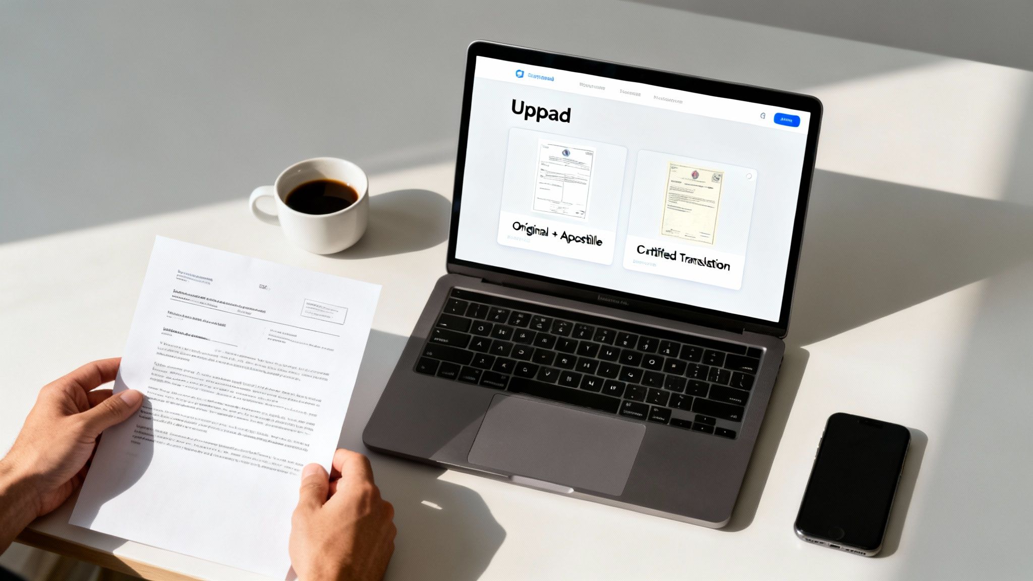 Person holding a document, working on a laptop displaying translation services with an apostille option, with coffee and phone on a white desk.