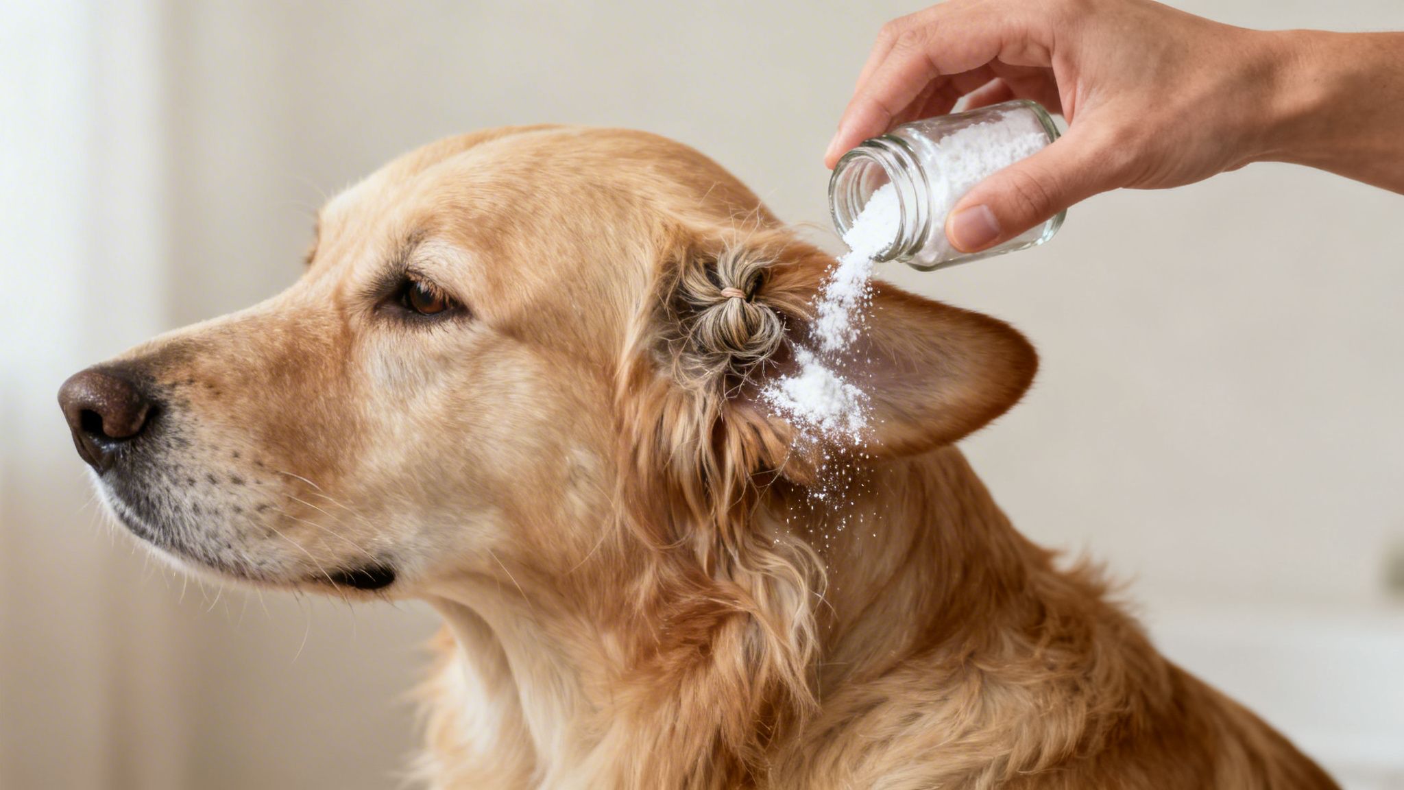 Mano de persona vierte polvo blanco de un frasco sobre la oreja de un golden retriever.