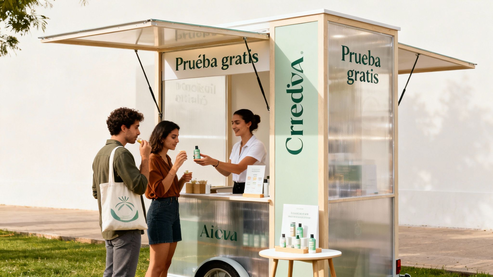 Clientes prueban muestras gratuitas de productos de Crediva en un evento tipo road show.