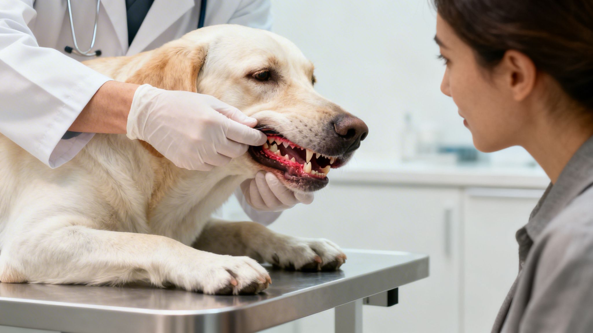 Veterinario examinando cuidadosamente los dientes de un perro Labrador en la clínica, con su dueña atenta.