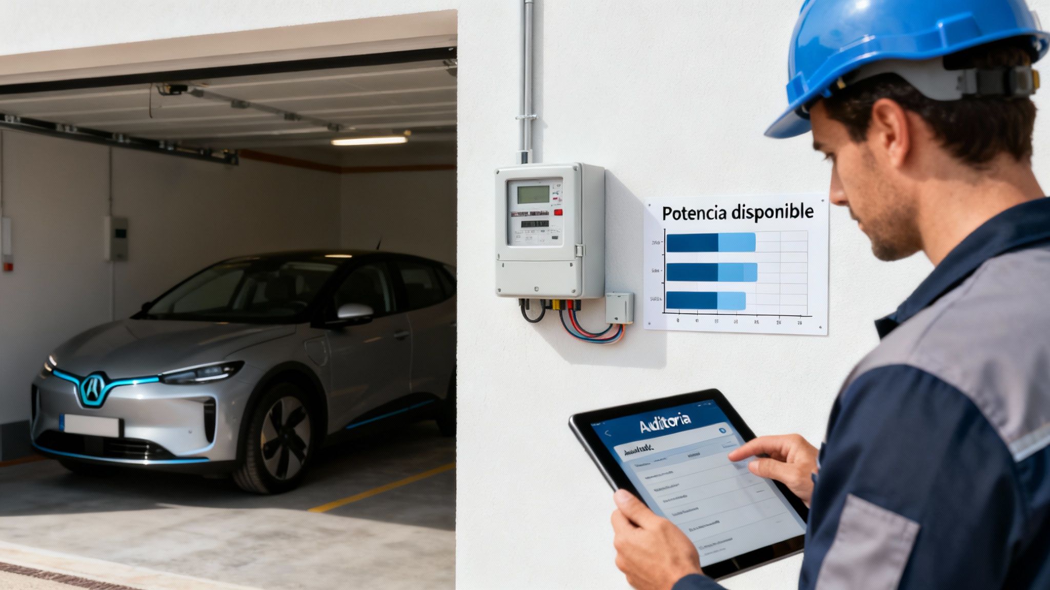 Técnico revisando datos de potencia disponible en tablet junto a coche eléctrico cargando en garaje.