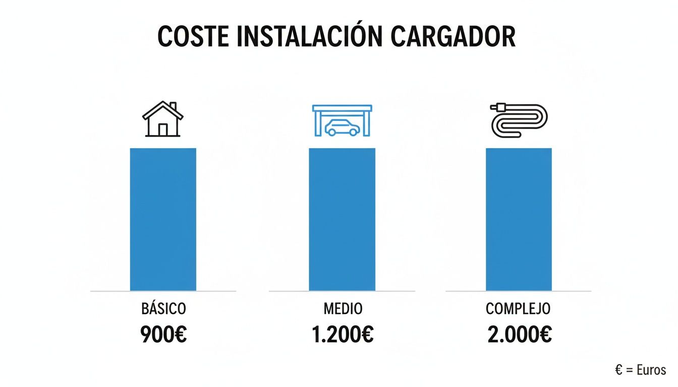 Gráfico de barras mostrando el coste de instalación de un cargador eléctrico: Básico 900€, Medio 1200€, Complejo 2000€.