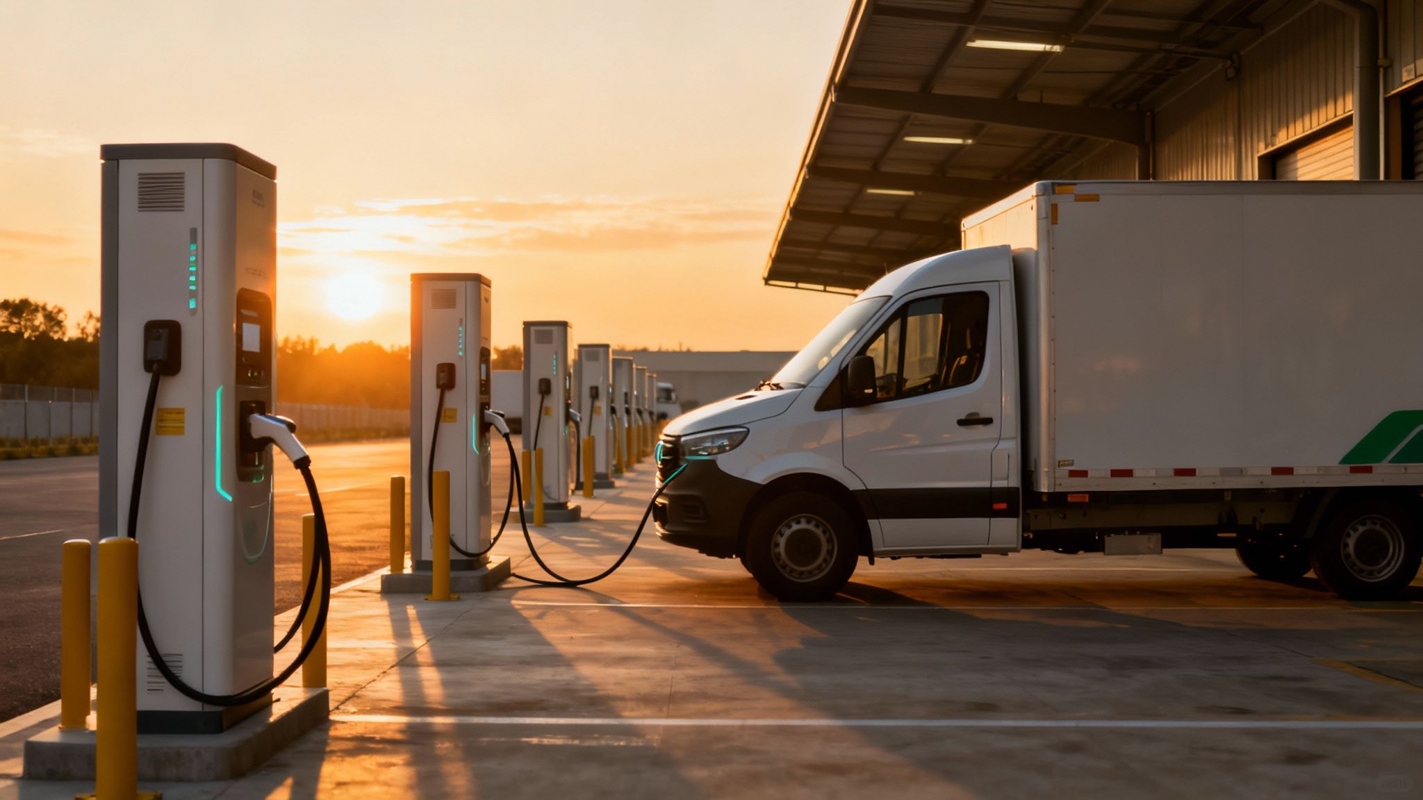 Camioneta de reparto eléctrica blanca cargando en una fila de estaciones al atardecer, en un depósito.