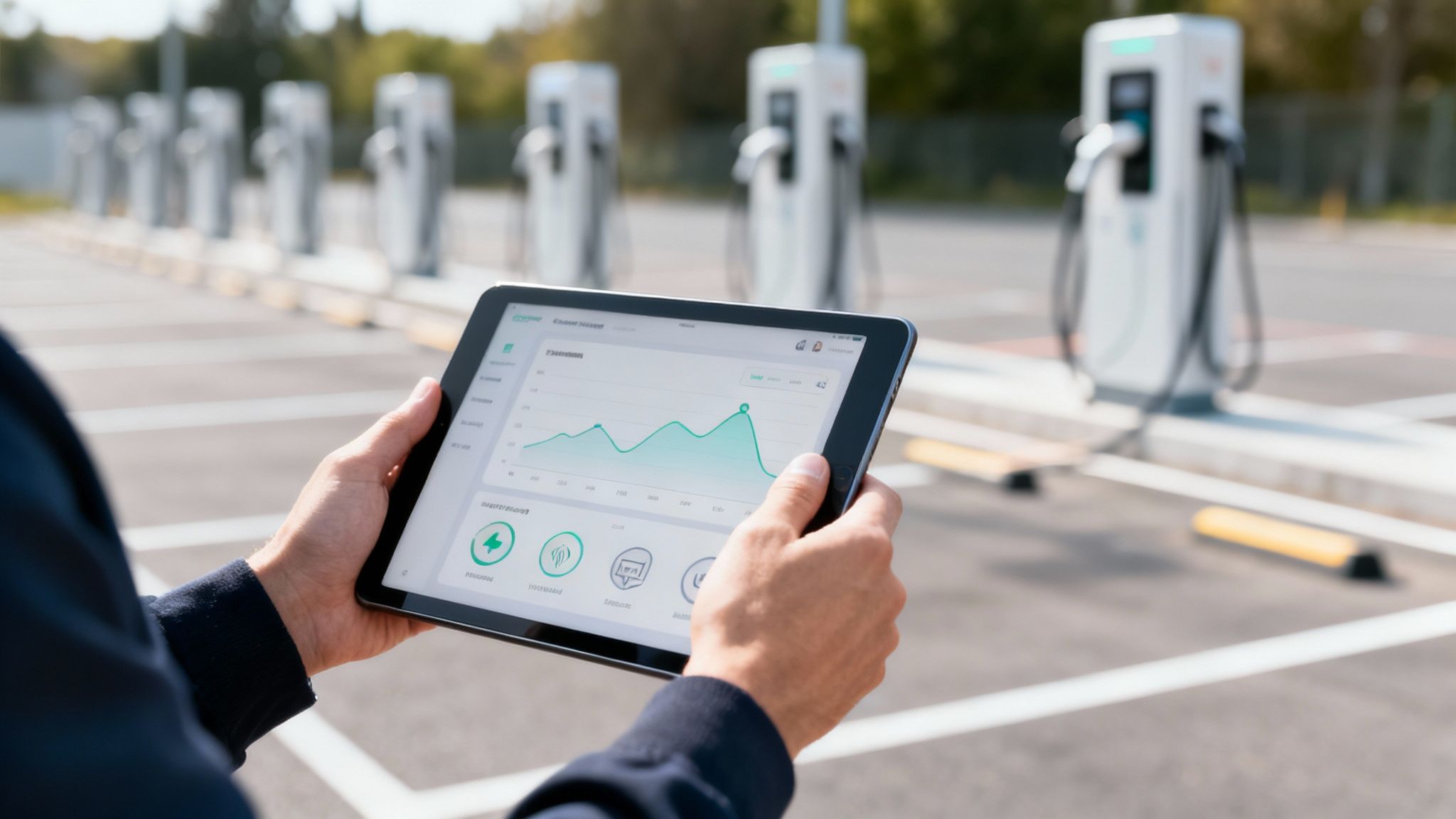 Persona sosteniendo una tablet con gráficos de consumo de energía frente a puntos de recarga de vehículos eléctricos.