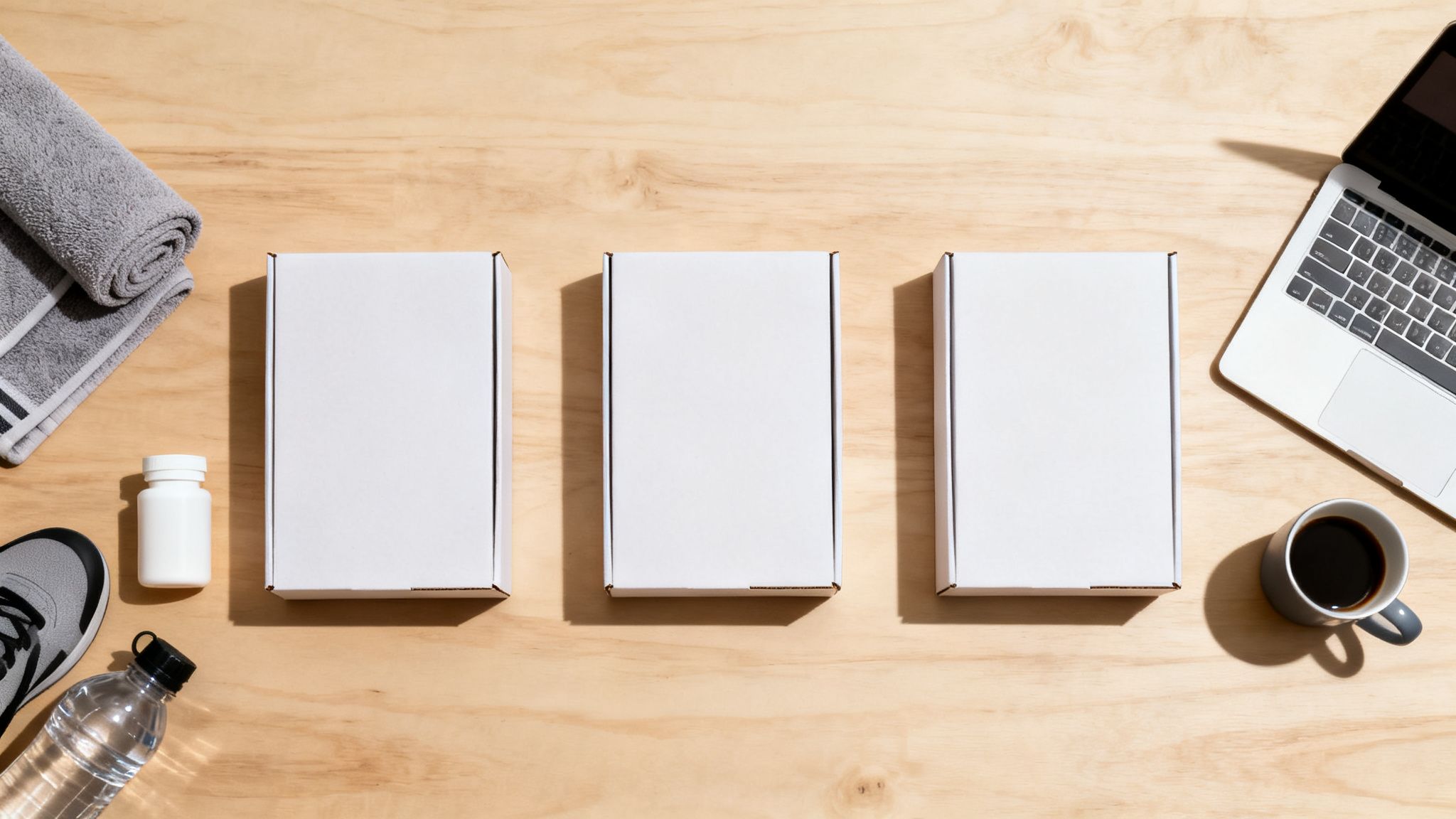 Disposición plana de productos de fitness con tres cajas blancas y equipo deportivo sobre madera.