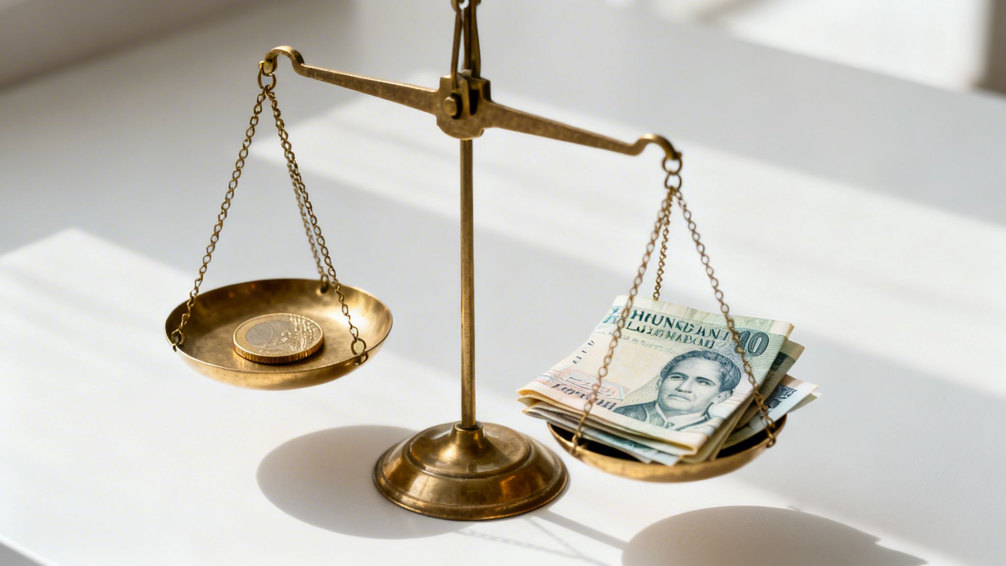 Balanza antigua con una moneda de euro en un platillo y billetes de lempiras hondureños en el otro.