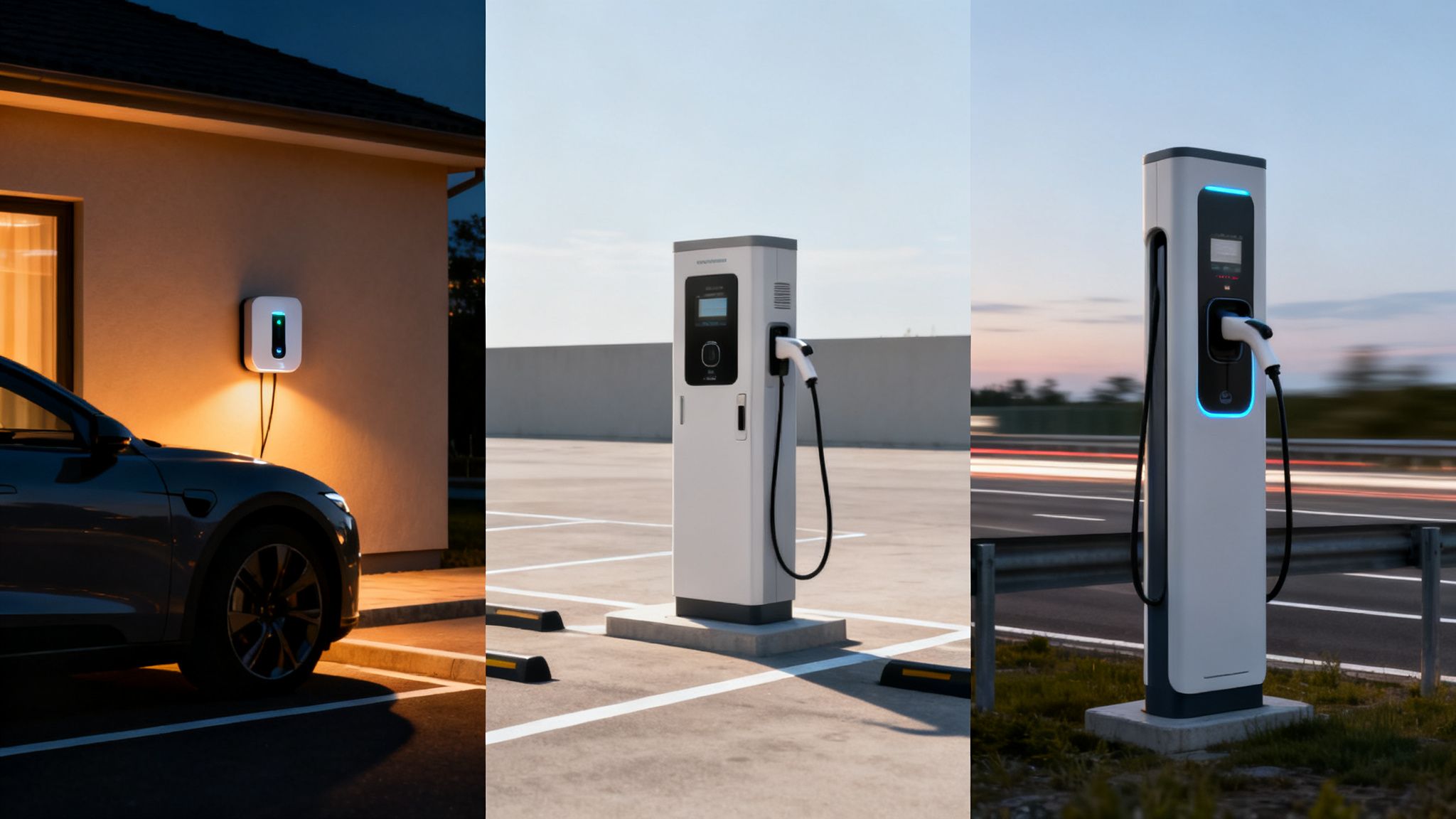 Múltiples estaciones de carga para coches eléctricos en diferentes entornos: hogar, parking público y junto a la carretera.