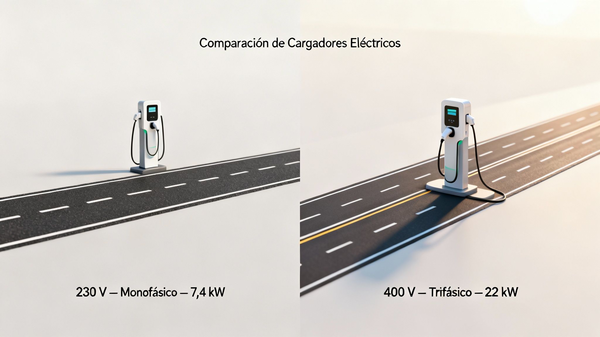 Comparación visual de cargadores eléctricos monofásicos y trifásicos, mostrando sus especificaciones de voltaje y potencia.