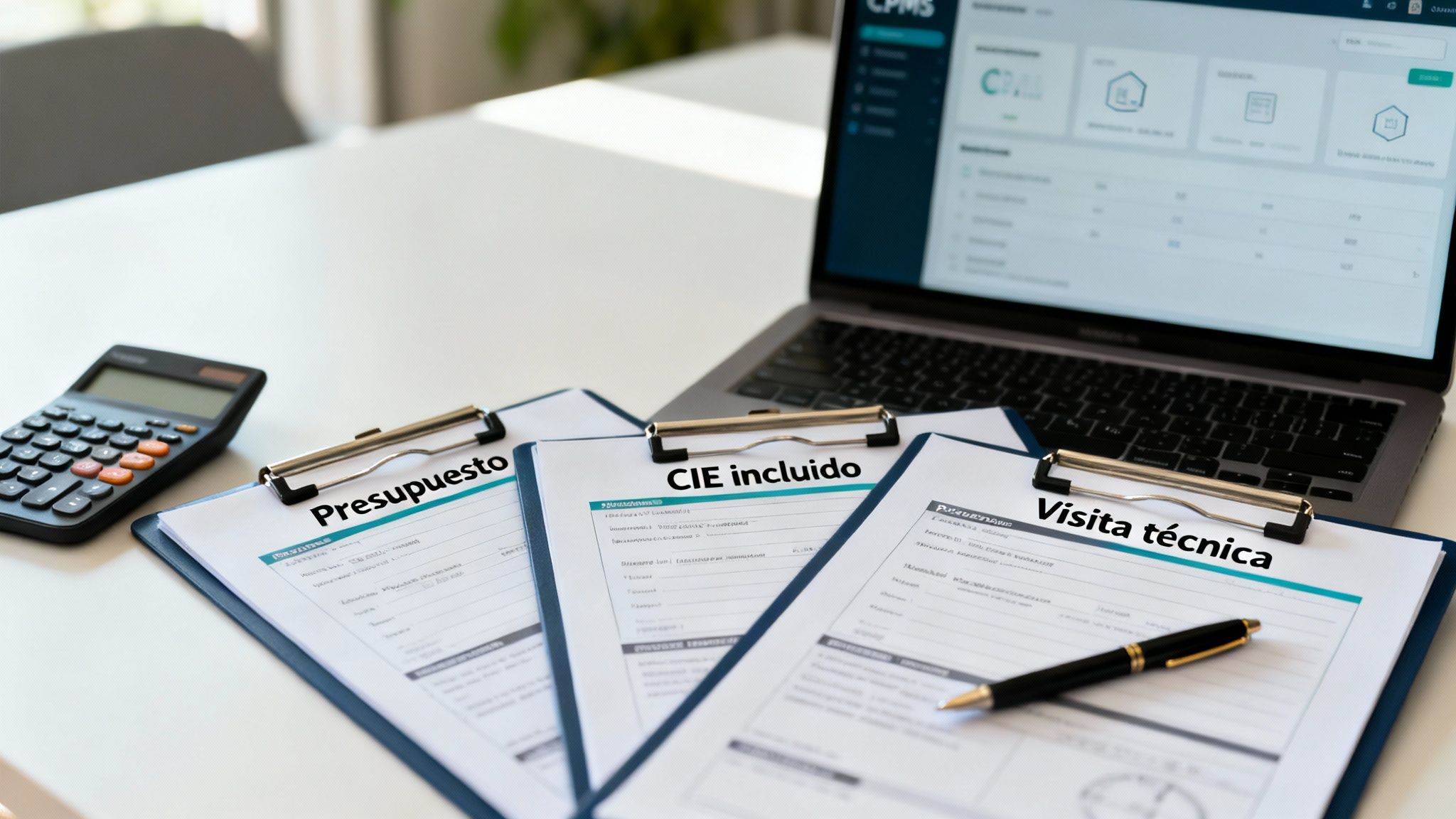 Documentos de presupuesto, CIE y visita técnica con calculadora y portátil en un escritorio de oficina.
