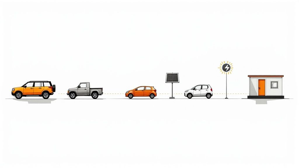 Representación visual de coches, un panel solar y un punto de carga para vehículos eléctricos junto a un edificio.