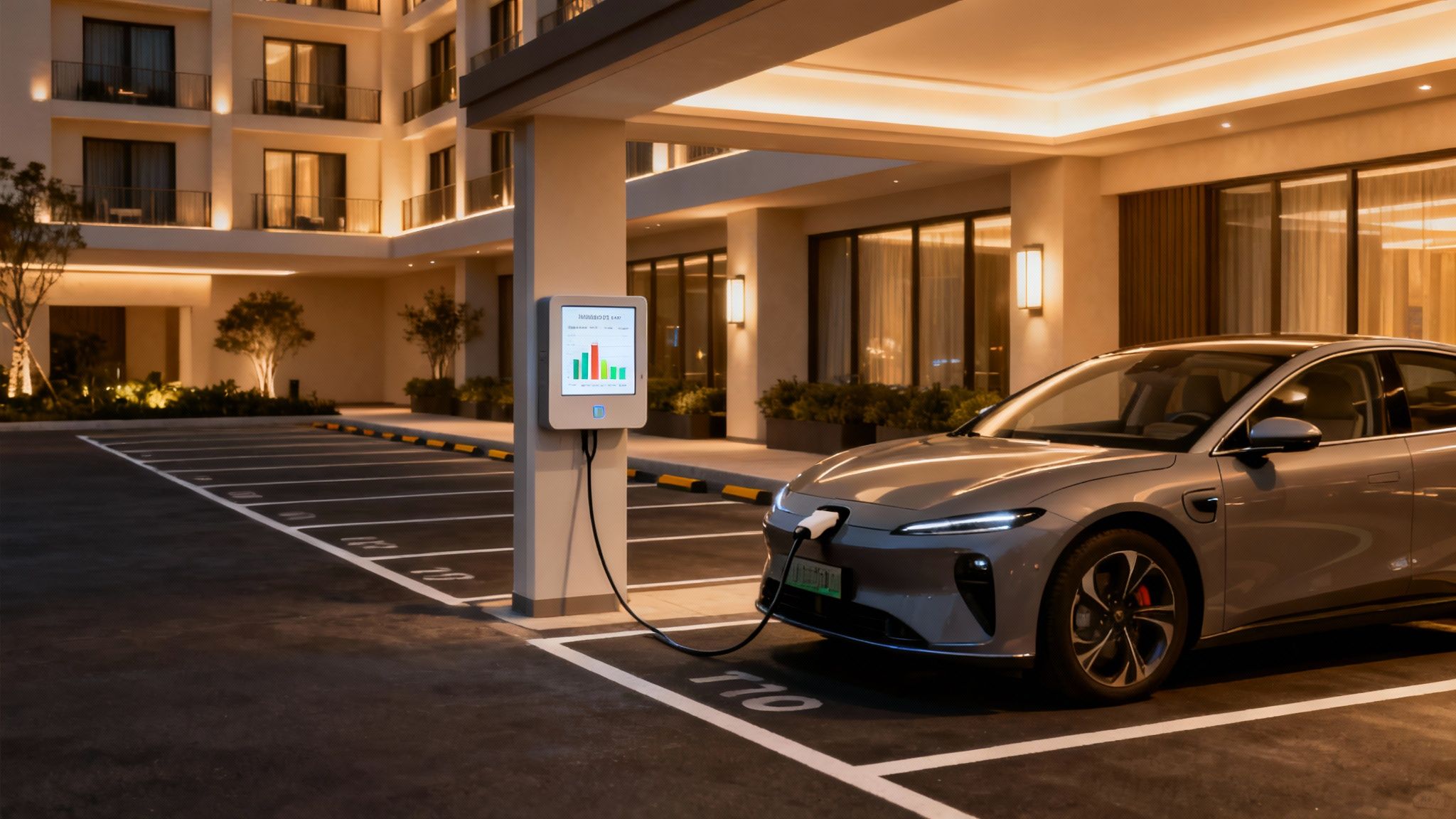 Coche eléctrico gris cargando en una estación con pantalla gráfica en un aparcamiento nocturno.