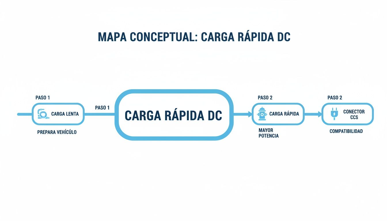 Diagrama conceptual de la carga rápida DC, mostrando los pasos de preparación, alta potencia y compatibilidad de conectores.