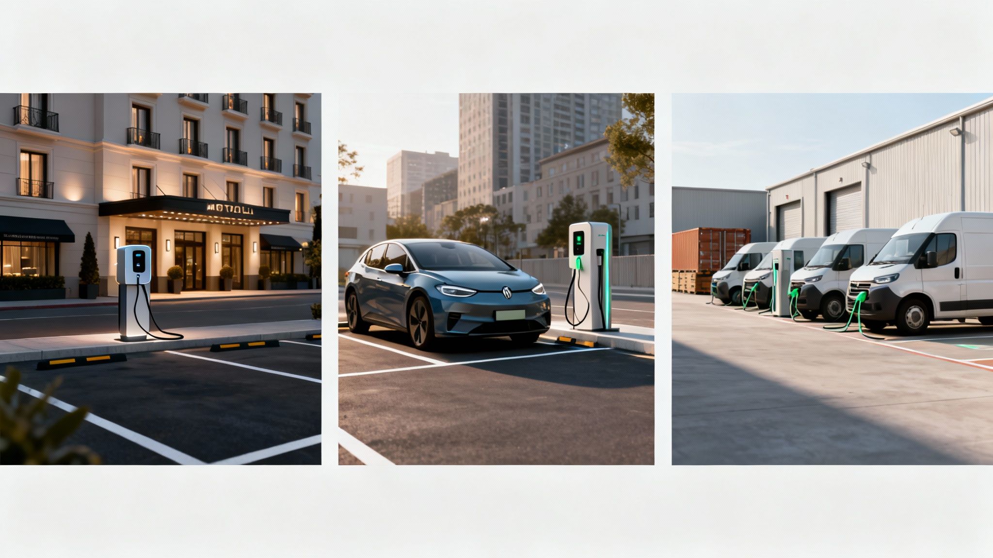 Múltiples vehículos eléctricos cargando en diversos entornos: un hotel, la ciudad y un depósito comercial.