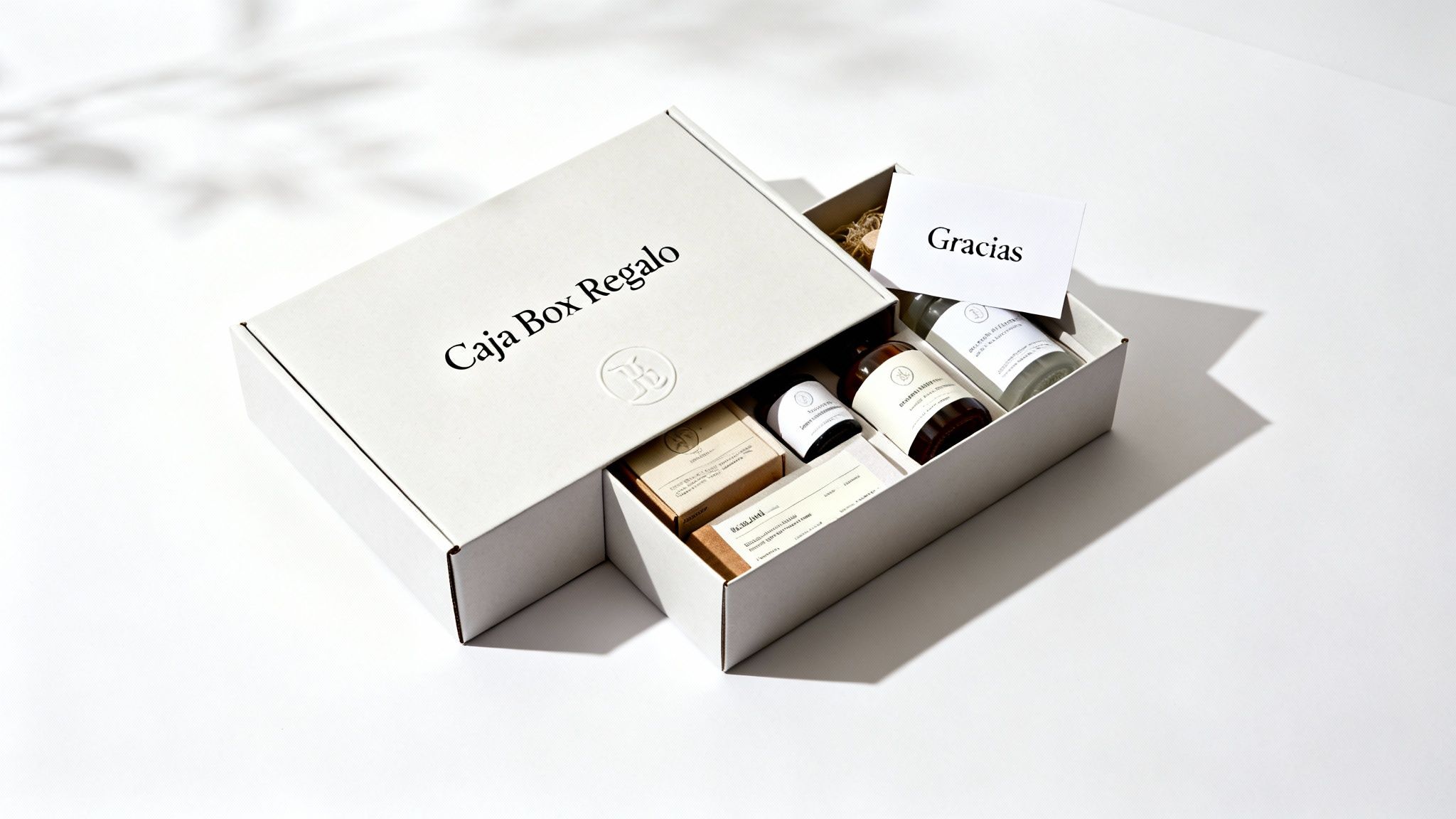Caja de regalo blanca con productos de cuidado personal y una tarjeta de 'Gracias'.
