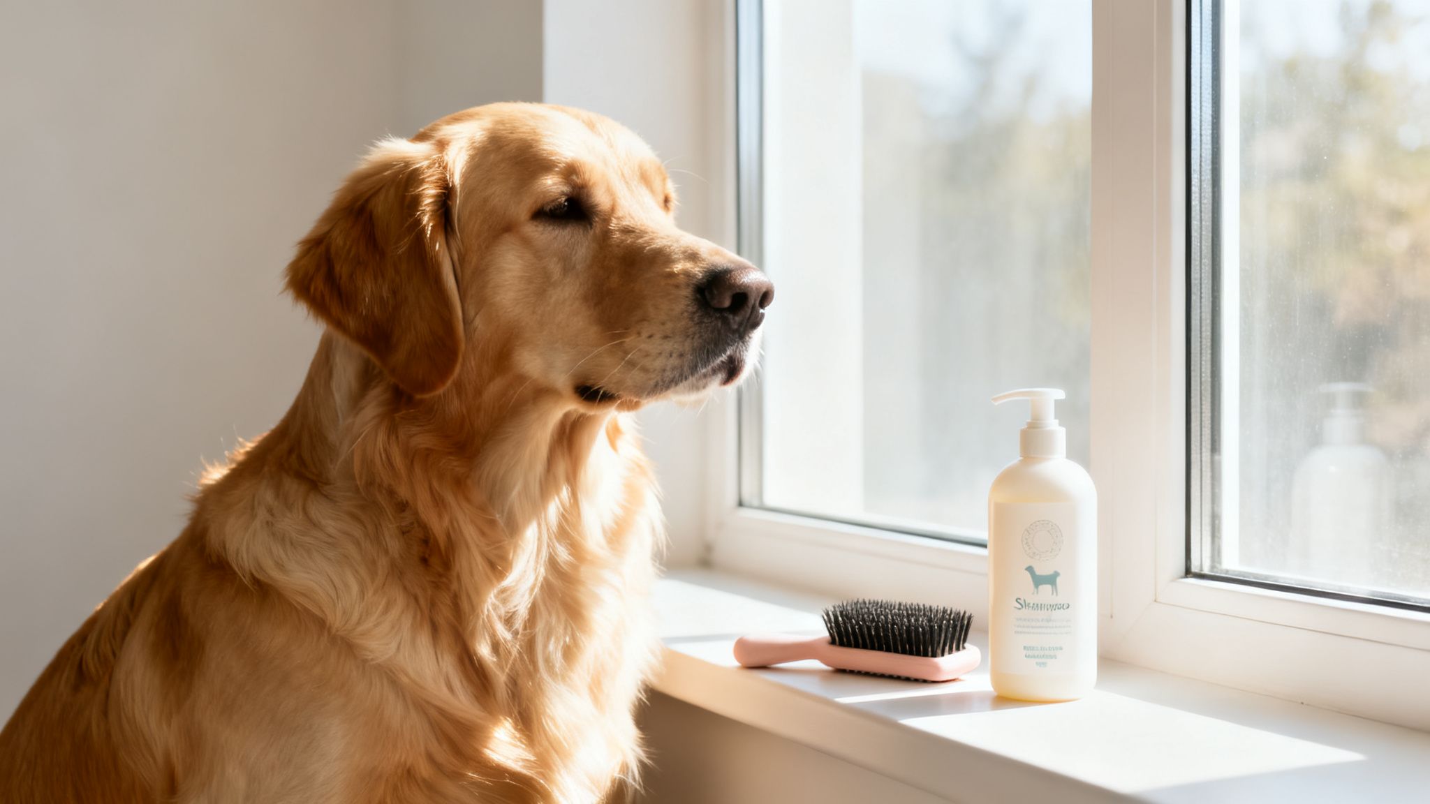 Golden retriever mira por la ventana soleada con champú y cepillo para perros en el alféizar.
