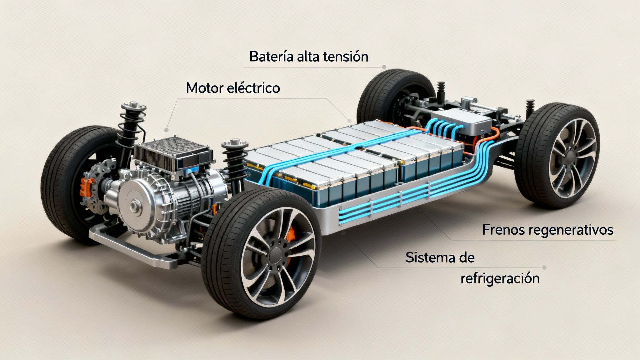 Chasis de coche eléctrico con motor, batería de alta tensión, frenos regenerativos y sistema de refrigeración.