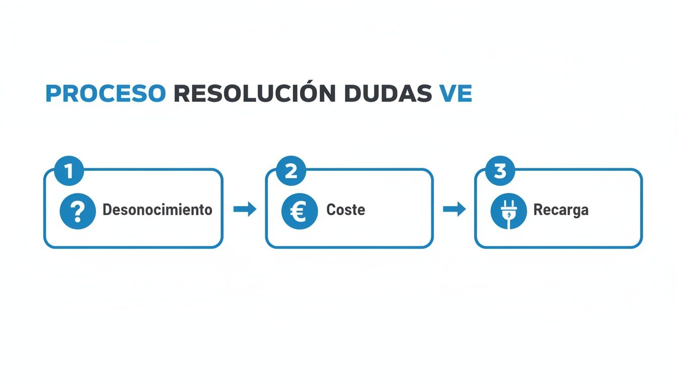 Diagrama de flujo que muestra el proceso de resolución de dudas sobre vehículos eléctricos, incluyendo desconocimiento, coste y recarga.