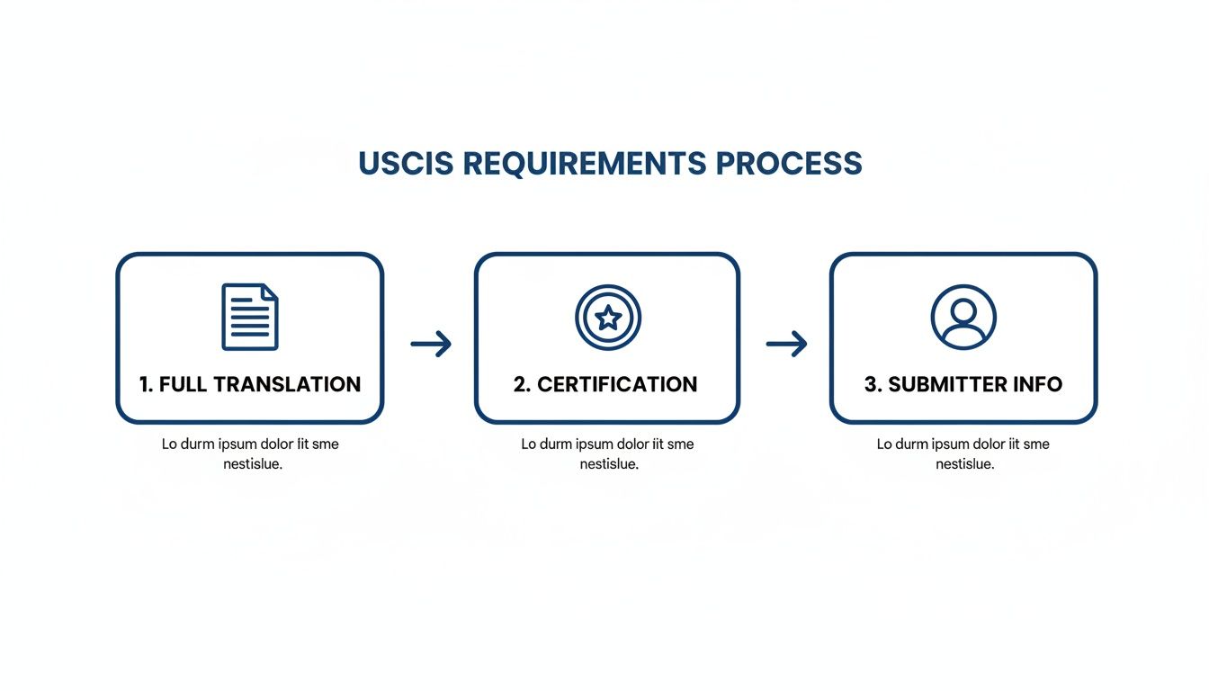 A three-step process diagram illustrating USCIS requirements for full translation, certification, and submitter information.