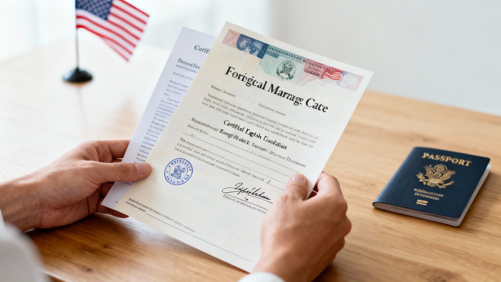 Hands holding a certified legal translation of a foreign marriage certificate next to a US passport.