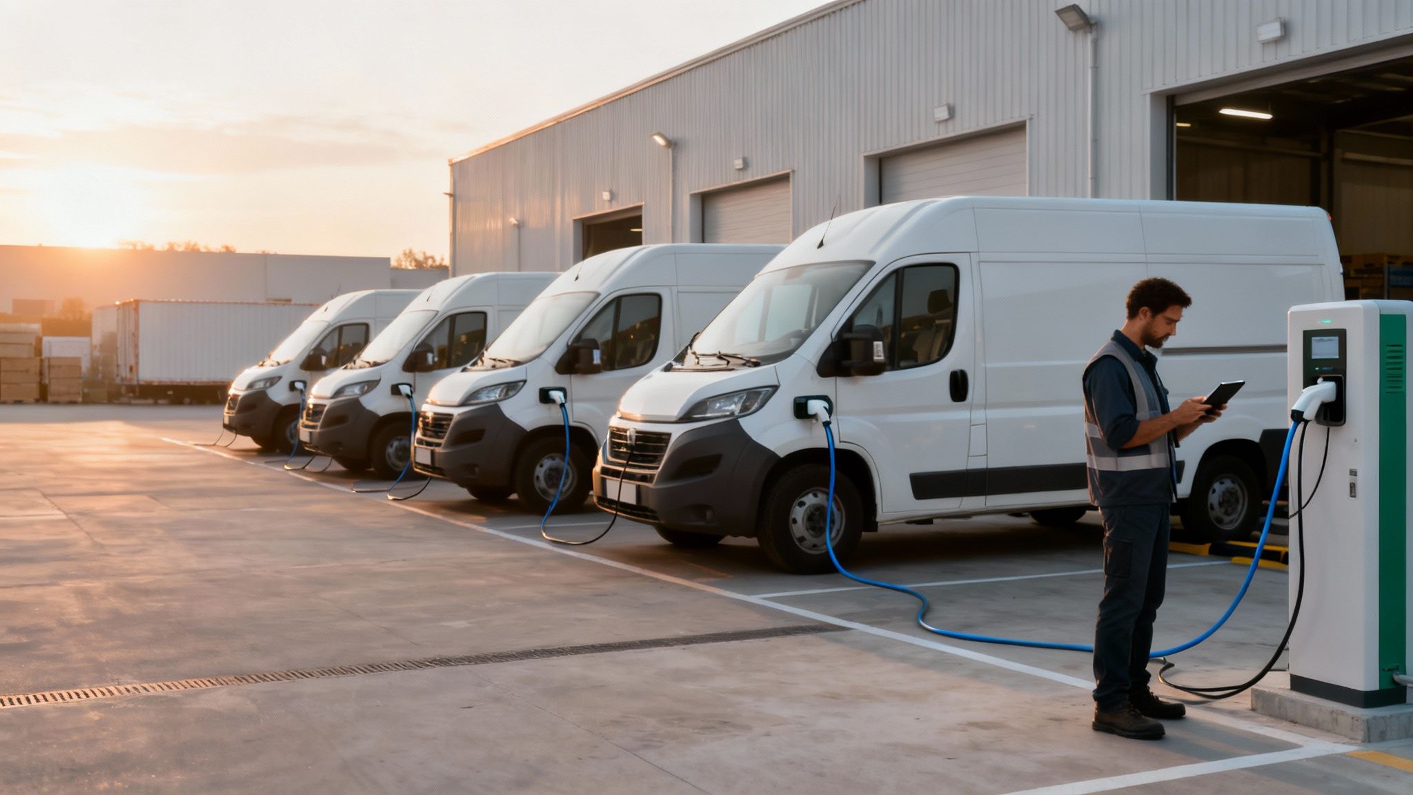 Flota de furgonetas eléctricas blancas cargándose en un punto de recarga al atardecer, con un hombre revisando una tablet.